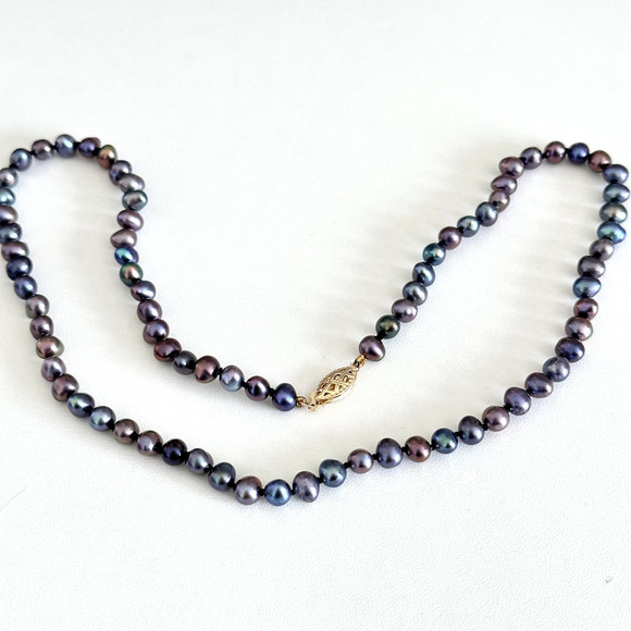 14K Yellow Gold Genuine 6MM Black Pearl Hand Knotted Strand Necklace 18" - Picture 6 of 8